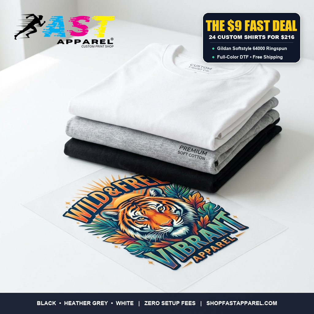 Stack of folded Gildan Softstyle shirts in black, white, and grey with DTF film