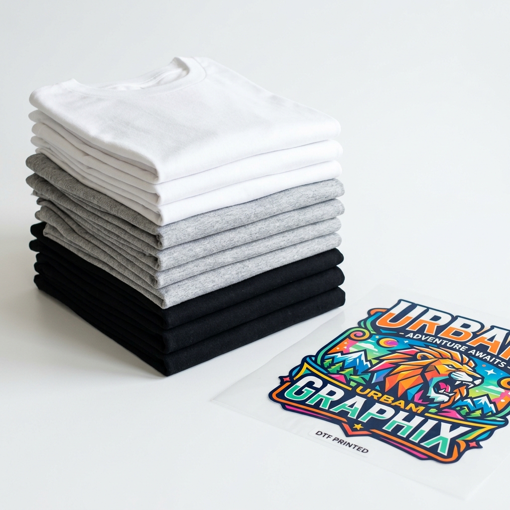 Stack of folded Gildan Softstyle shirts in black, white, and grey