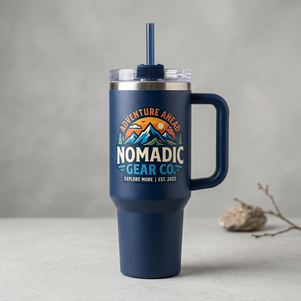 Custom branded Stanley Cup tumbler with UV DTF