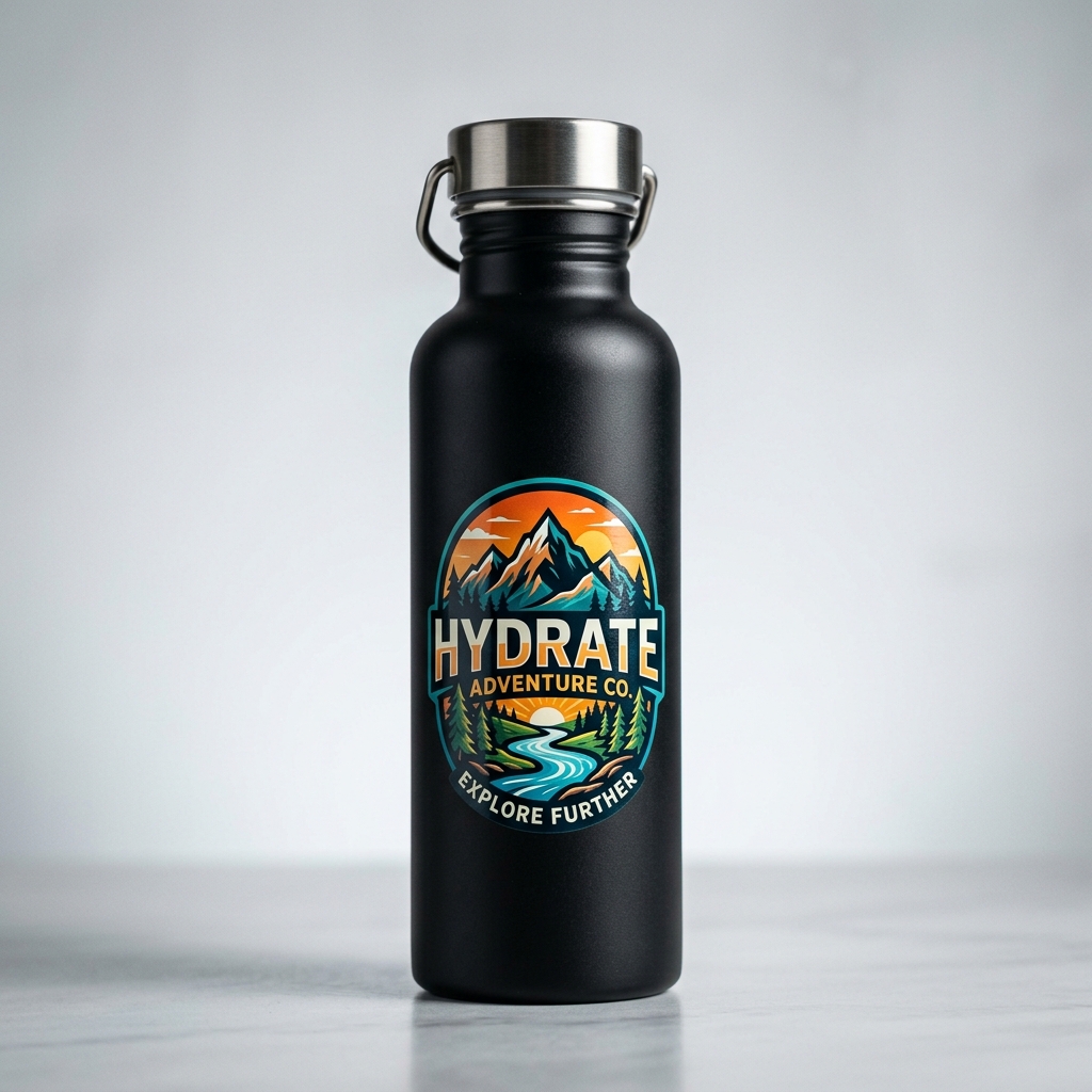 Sleek metal water bottle with UV DTF logo