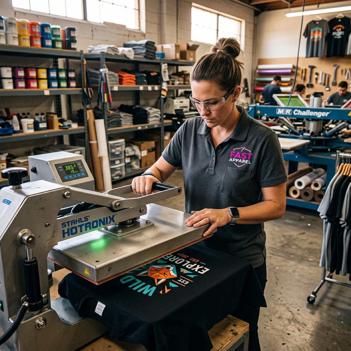 Worker operating a double platen heat press machine