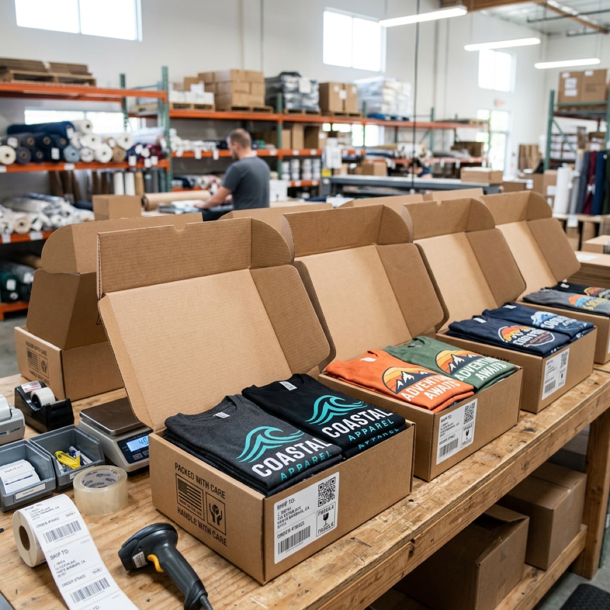Custom t-shirts neatly folded and packed in shipping boxes