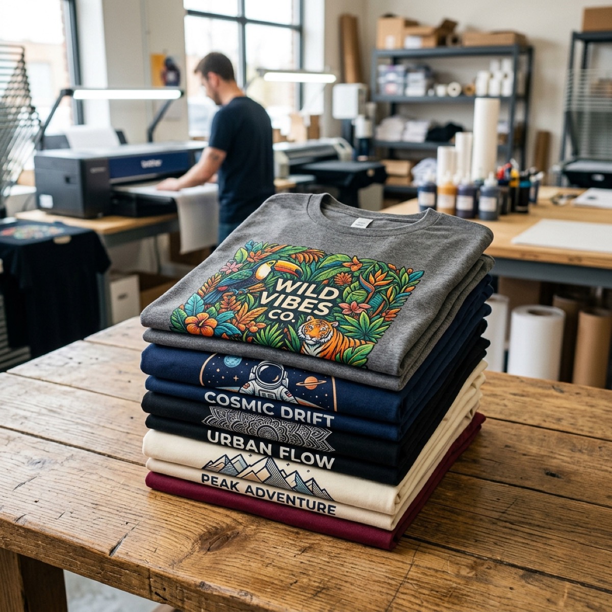 Stack of vibrant custom printed DTF t-shirts